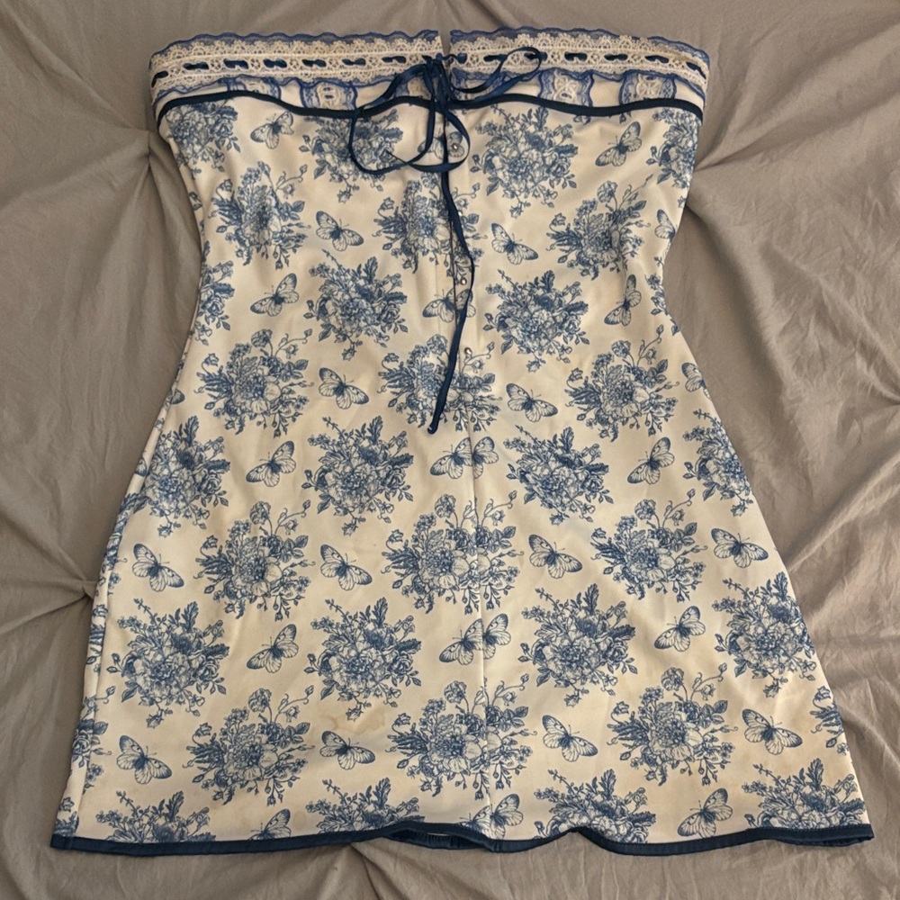 Floral Strapless Dress with Blue Accents